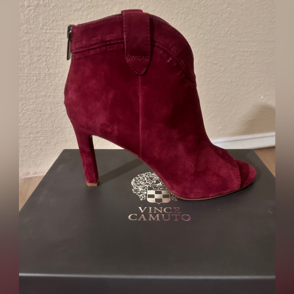 Vince Camuto Shorana Suede Heeled Booties with Peep Toe in Fire Brick Red - 9